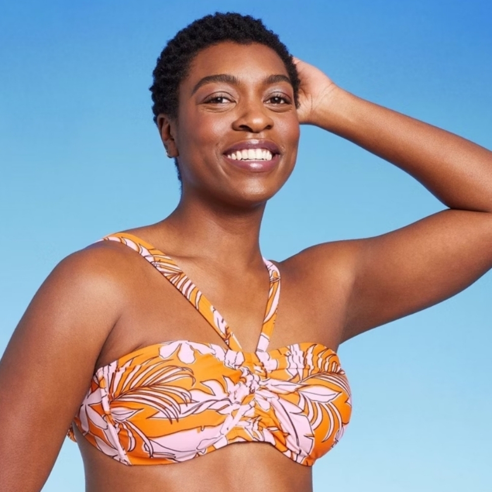 Kona Sol Orange and Pink Floral Twist Bandeau Bikini Top